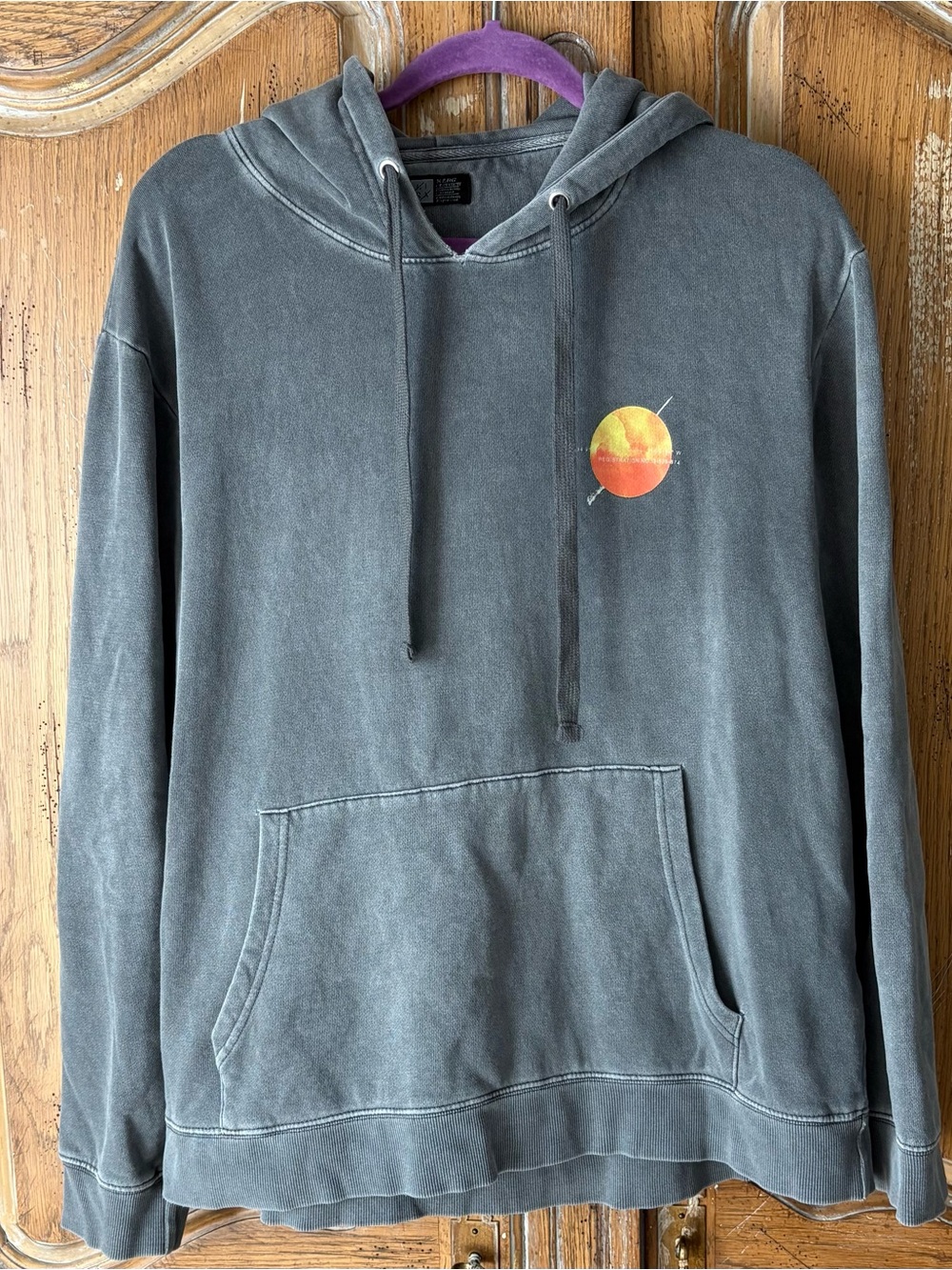 Lana Creative Society Men's L  Gray Hoodie with Orange-Yellow Sunset Graphics